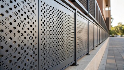 Aufkleber - A closeup perspective of perforations on a metal divider with varying sizes emphasizing the artistic randomness and how it creates interesting visual effects from different angles.