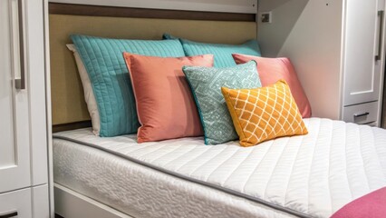 Poster - A closeup shot highlighting the pillows and bedding neatly arranged on a Murphy bed that is closed showcasing the potential for both function and personalization in a multiuse
