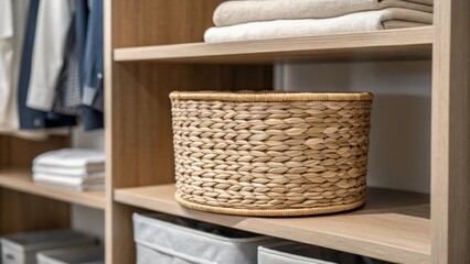 Aufkleber - A closeup shot of a decorative basket blending seamlessly with a neutral shelf emphasizing the aesthetic appeal and unity of design elements in a walkin closet.