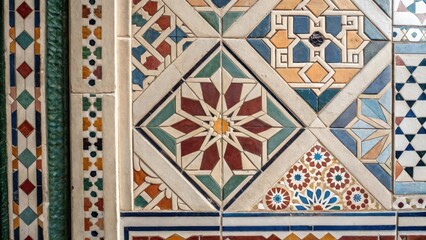Aufkleber - A closeup shot of a layered tile design where smaller geometric tiles are inset within larger ones showcasing a clever mix of scale and dimension.