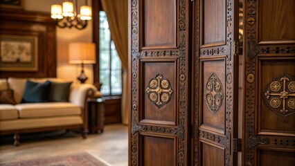 Aufkleber - A closeup shot of antique doors and hinges partially obscured by a folding screen in a cozy living room hinting at a secret passageway to an adjacent hidden space.