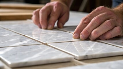 Aufkleber - A closeup shot of hands pressing a marble tile into place with a focus on the precise alignment and the glistening surface reflecting light.