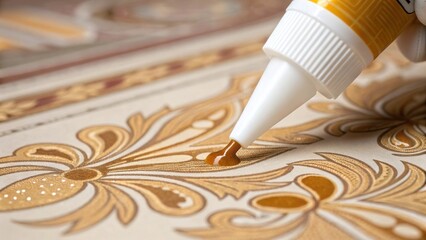 Aufkleber - A closeup shot of the adhesive being spread onto the back of the wallpaper emphasizing the application technique and the glossy sheen of the glue.