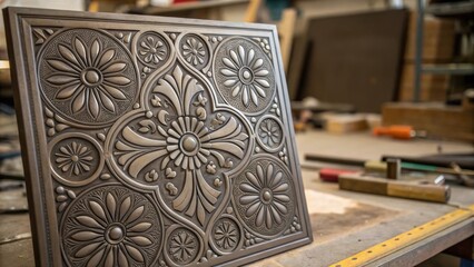 Fototapete - A closeup shot of the floral patterns embossed into a metal panel with a blurred background of tools and materials creating a striking contrast between the ornate design and the