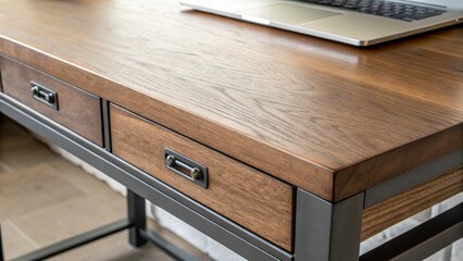 Fototapete - A closeup shot that reveals the texture of a builtin desks surface emphasizing a combination of materials like wood and metal for a contemporary aesthetic.
