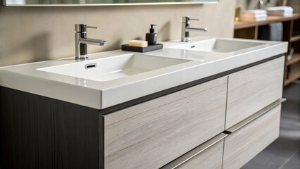 Poster - A closeup shot of the sleek lines of a floating double sink vanity creating an illusion of space and modernity with a wallmounted design that highlights the bathrooms contemporary