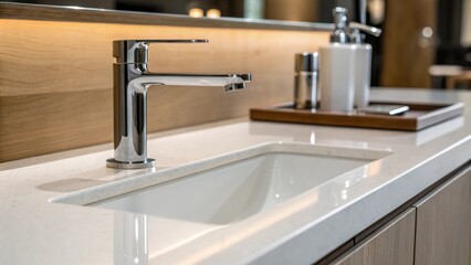 Aufkleber - A closeup shows a sink seamlessly integrated into a waterfalledge countertop with sleek faucet design reflecting contemporary minimalism and sophistication.