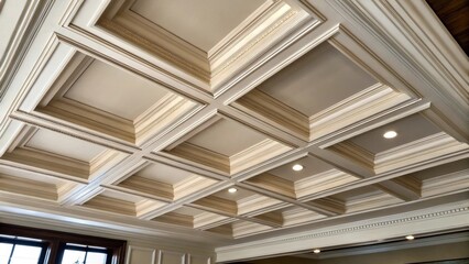 Aufkleber - A closeup view of a coffered ceilings intersections where panels meet demonstrating the intricate design and precision ting required in the renovation process.
