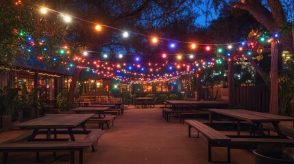 Poster - A festive outdoor setting lit with colorful string lights, casting a warm, joyful glow over a gathering space for celebrations and fun moments.
