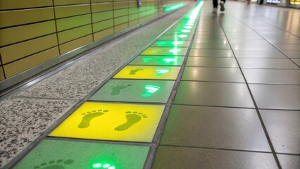 Poster - A closeup view of a lightup tile transitioning in color from green to yellow showcasing an interactive element where the light responds to footsteps above creating a dynamic