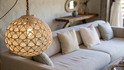 Aufkleber - A closeup view of an artisan hanging light showcasing its textured surface and organic shapes paired with a minimalist sofa adorned with soft cushions in a cozy corner.