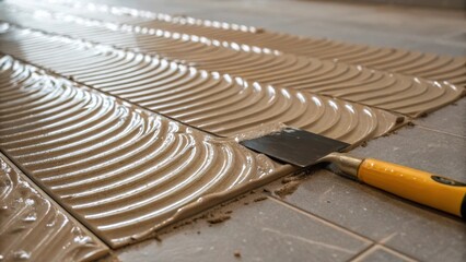 Poster - A closeup view of a newly laid tile featuring a wavy surface texture glistening with adhesive alongside a small spatulalike tool used for spreading.