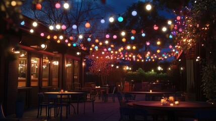 Poster - A festive outdoor setting lit with colorful string lights, casting a warm, joyful glow over a gathering space for celebrations and fun moments.