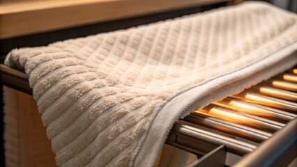 Aufkleber - A closeup view of a towel draped over a heated rack highlighting the luxurious texture of the material and the gentle glow of the heating element.