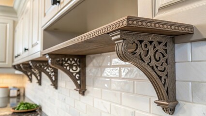 Aufkleber - A closeup view of the ends of stylish brackets designed to support floating shelves revealing intricate patterns and textures against the kitchen wall.