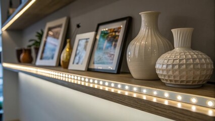 Poster - A closeup view of LED strip lights installed under a floating shelf illuminating decorative objects like vases and picture frames creating a gallerylike feel.