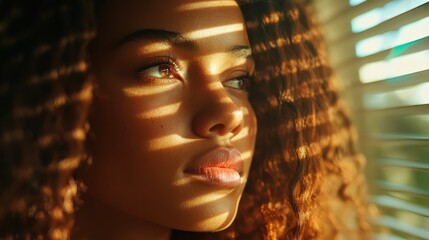 Poster - A portrait of a young woman gazing thoughtfully out a window, with soft lighting creating beautiful shadows across her face, highlighting her features and expression.