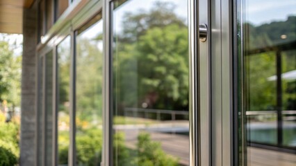 Aufkleber - A closeup view of the reflective surface of the sliding glass doors with a glimpse of outdoor greenery mirrored in the glass emphasizing the connection between indoor and outdoor