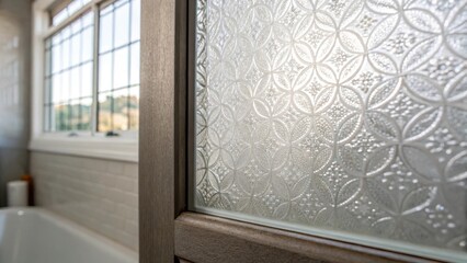 Aufkleber - A closeup view of the intricate texture of a frosted glass panel adding privacy while maintaining a bright airy feel in the bathroom.