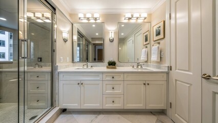 Poster - A compact bathroom showcasing mirrored surfaces on the cabinetry and walls creating an illusion of a larger area while highlighting elegant fixtures.