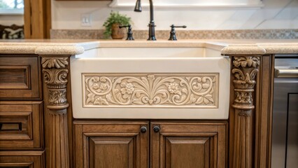 Aufkleber - A detailed closeup of custom cabinetry that frames a farmhouse sink with intricate carvings visible adding to the kitchens overall charm.