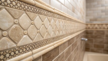 Aufkleber - A detailed closeup of a textured shower wall featuring elegant tiles that complement a spacious ra highlighting the interplay of materials.
