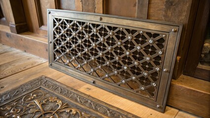 Aufkleber - A detailed shot of a decorative metal grille with a lattice design featuring small accents that catch the light set against a rustic wooden floor.