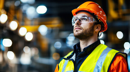 Wall Mural - technician in safety gear looks up thoughtfully in factory setting