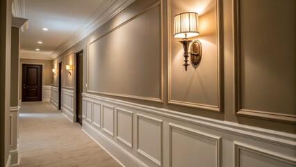 Poster - A detailed shot of a wallmounted sconce casting a warm glow highlighting a fresh coat of paint in neutral tones along a recently renovated hallway.
