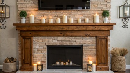 Poster - A detailed view of a wallmounted fireplace with a wooden mantel laden with candles and decorative pieces blending rustic charm with modern elements in the living space.