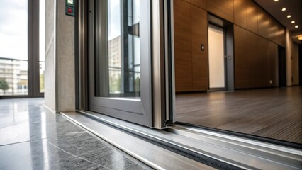 Poster - A dramatic closeup of a sliding door in motion showcasing the seamless gliding action as the door partially opens to reveal the space beyond.