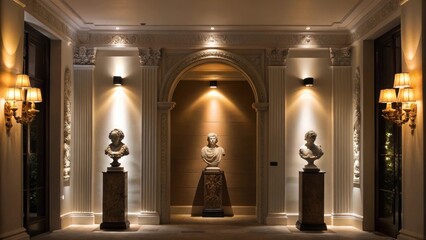 Poster - A dramatic entryway featuring a tall wall niche with spotlights casting an inviting glow on beautifully arranged sculptures welcoming guests as they enter the home.
