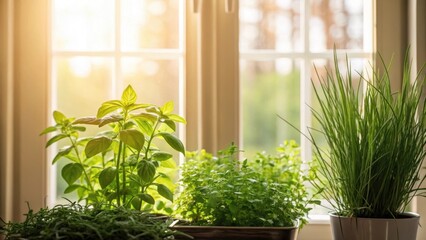 Aufkleber - A dynamic shot of herbs stretching towards a source of natural light from a wellilluminated window showcasing the interplay between the greenery and the soft light filtering into