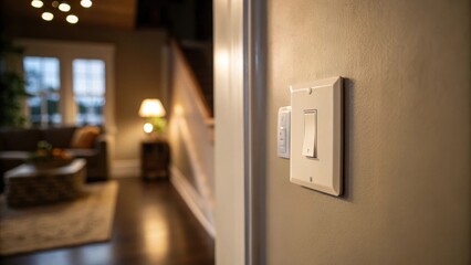 Poster - A focused shot of a dimmer switch being installed into a wall with a soft glowing light illuminating the surrounding area casting gentle shadows.