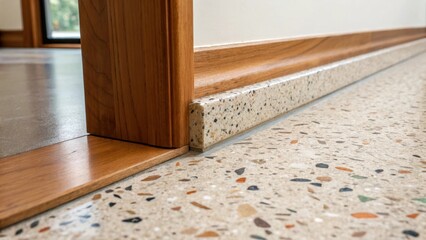 Poster - A focused medium closeup of a terrazzo floor transition at the edge of a room where it meets a wooden baseboard showcasing the clean lines and harmonious relationship between