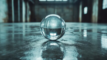 Poster - A clear spherical object positioned on a glistening surface, mirroring its surroundings and creating an intriguing visual that blends realism with abstract concepts.