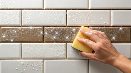 Poster - A handson closeup view of a sponge cleaning excess grout from the surface of newly installed tiles water droplets glistening in the light.