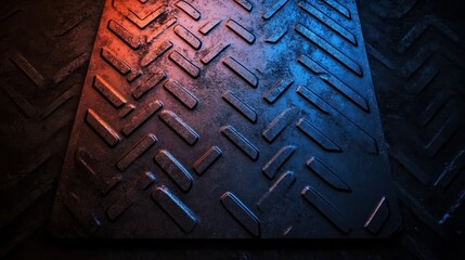 Aufkleber - Illuminated industrial floor plate with ribbed zig-zag pattern, bathed in vibrant orange and blue lights, creating a modern and dynamic ambiance, ideal for design, technology, or futuristic themes