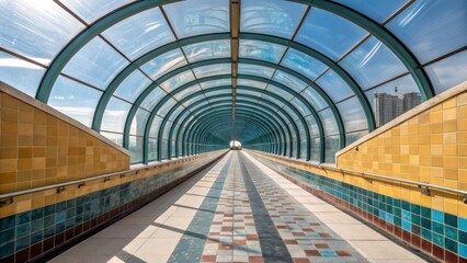 Poster - A luxurious walk designed with a curved glass enclosure accented by a feature wall of contrasting tiles that creates a stunning focal point.