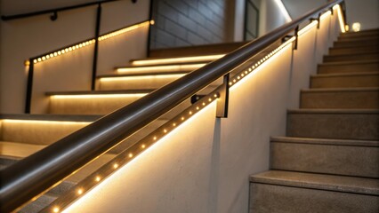 Aufkleber - A medium closeup captures the view of a handrail with integrated LED strips casting a warm light down onto the stairs enhancing safety without being obtrusive.