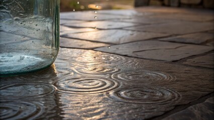 Poster - A medium closeup capturing the interplay of water and light as it pours from a large ra onto a stone floor with a focus on the gentle ripples.