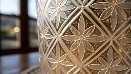 Aufkleber - A medium closeup capturing the intersecting patterns of the etched glass showcasing delicate geometric shapes that create a sense of depth and artistry.