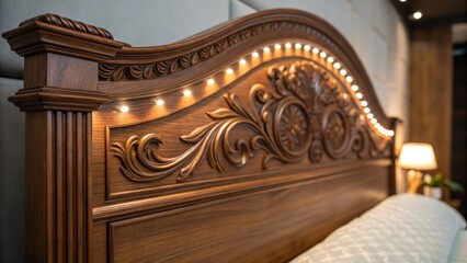 Fototapete - A medium closeup capturing the intricate details of a beautifully designed wooden headboard illuminated by soft LED lights casting a warm glow.