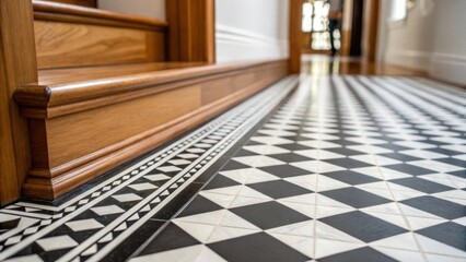 Aufkleber - A medium closeup capturing the seamless transition between a bold black and white geometric floor tile and the smooth wooden baseboard illustrating the blend of materials in the