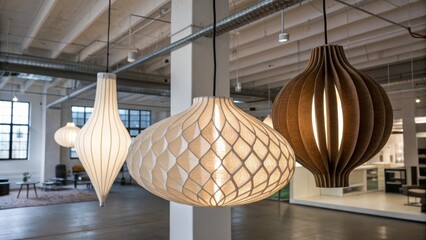 Aufkleber - A medium closeup featuring a trio of oversized sculptural lights emphasizing their artistic forms and the way they draw the eye upwards in a contemporary loft setting.