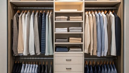 Aufkleber - A medium closeup featuring a section of the closet with adjustable shelving where clothes of various lengths are neatly organized demonstrating functionality and adaptability.