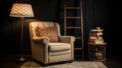Aufkleber - A medium closeup focusing on a cozy reading nook adjacent to the ladder displaying a plush armchair and a small side table stacked with books illuminated by a decorative floor