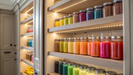 Aufkleber - A medium closeup focusing on a cabinet interior where pullout e racks are neatly filled with a variety of colorful e jars highlighted by soft lighting.