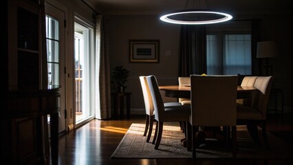 Aufkleber - A medium closeup focusing on the difference in ambiance created by the light ring being installed one side dimly lit while the other shines brightly over a dining room.