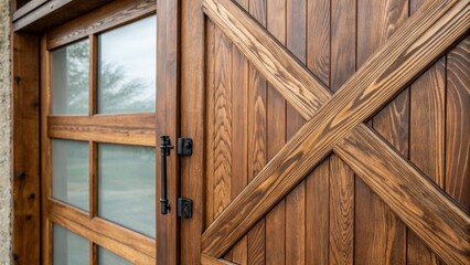 Poster - A medium closeup focusing on a section of the barn doors wood grain showcasing rich textures paired with the smoothness of the etched glass emphasizing contrast.